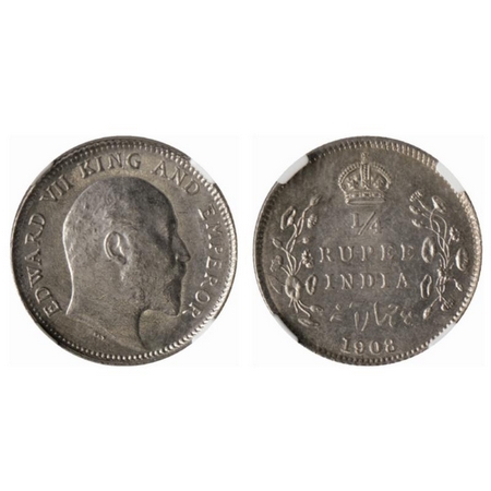 Edward VII, Silver ¼ Rupee, 1908, Calcutta Mint. GK 977. NGC Slabbed, MS 61, Scarce.