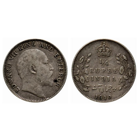 Edward VII, Silver ¼ Rupee, 1910, Bombay Mint, small raised dot on the right bottom stem. 