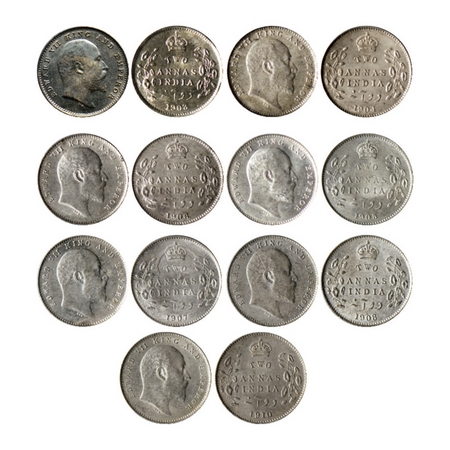 Edward VII, Silver 2 Annas (7 Coins), 1903, 1904, 1905, 1906, 1907, 1908, 1910, Calcutta M