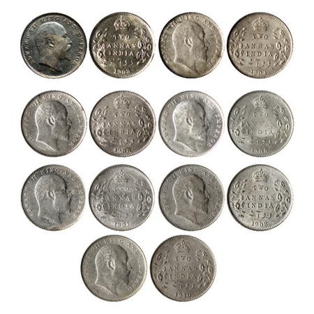 Edward VII, Silver 2 Annas (7 Coins), 1903, 1904, 1905 , 1906, 1907, 1908, 1910, Calcutta 