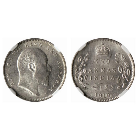 Edward VII, Silver 2 annas, 1910, Calcutta Mint. GK 987. NGC Slabbed, MS 64, Scarce.