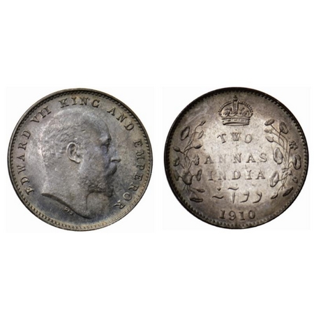 Edward VII, Silver 2 Annas, 1910, Bombay Mint, dot on stem below. GK 988. Almost Extremely