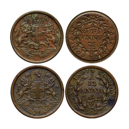 William IV & Victoria Queen, Copper 1/12 Anna (2 Coins), 1835 Madras Mint reverse 1 / inve