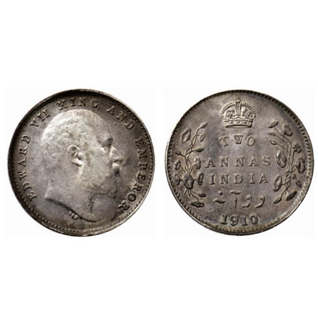 Edward VII, Silver 2 Annas, 1910, Bombay Mint, dot on stem below. GK 988. Very Fine, Scarc