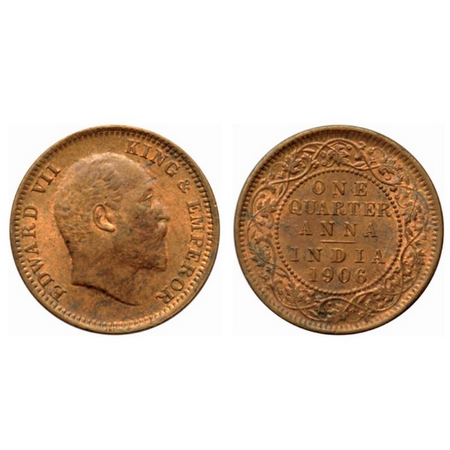 Edward VII, Copper Quarter Anna, 1906, Calcutta Mint, no mint mark, 'Q' of Quarter seen on