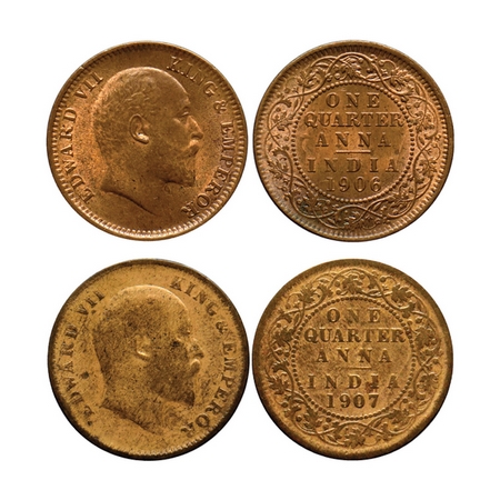 Edward VII, Quarter Anna (2 Coins), 1906 Copper, Calcutta Mint, no mint mark. 1907 Bronze 