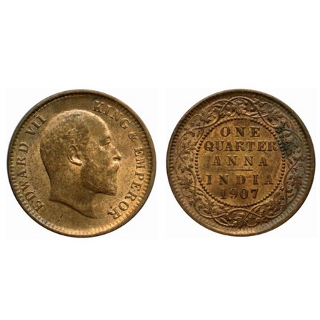 Edward VII, Bronze Quarter Anna, 1907, Calcutta Mint, no mint mark, ghost on reverse. GK 9