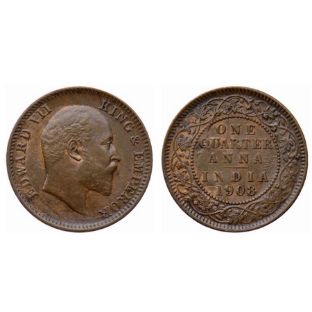 Edward VII, Copper Quarter Anna, 1908, Calcutta Mint, full ghost image on Reverse. GK 1000
