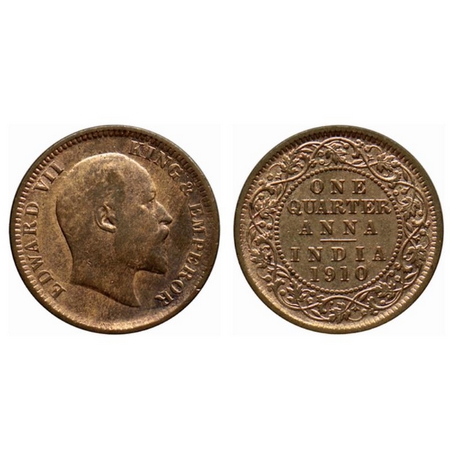 Edward VII, Bronze Quarter Anna, 1910, Calcutta Mint, no mint mark. GK 1002. Very Fine+, S