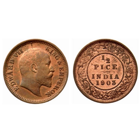 Edward VII, Copper ½ Pice, 3.20gm, 1903, Calcutta Mint, Die crack on Obverse. GK 1003. Ext