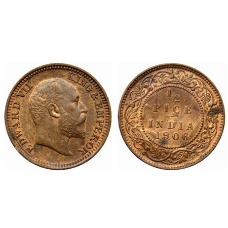 Edward VII, Bronze ½ Pice, 2.35gm, 1906, Calcutta Mint, full ghost image on reverse. GK 10