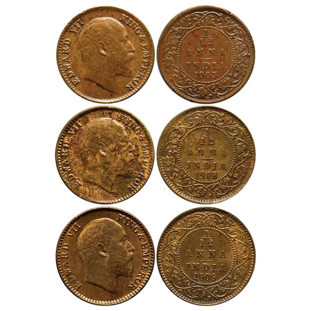Edward VII, 1/12 Anna (3 Coins), Calcutta Mint, 1903 Copper no mint mark ghost on reverse,