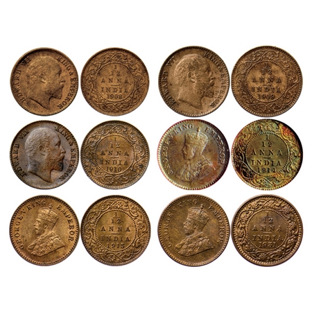 Edward VII, George V, Bronze 1/12 Anna (6 Coins), 1908/1909/1910/1914 (NGS Slabbed MS 62) 