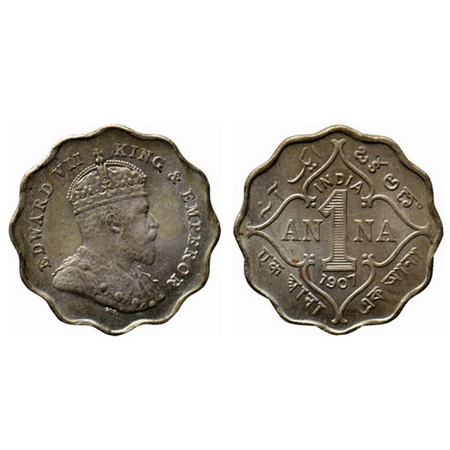 Edward VII, Copper Nickel 1 Anna, 1907, Bombay Mint, B incused below cross pattee of the c