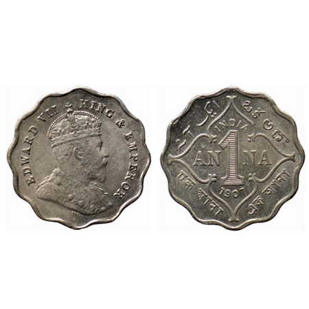 Edward VII, Copper Nickel 1 Anna, 1907, Bombay Mint, B incused below cross pattee of the c