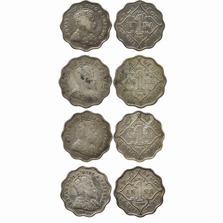 Edward VII, Copper-Nickel 1 Anna (4 Coins), 1907 / 1908 / 1909 / 1910, Bombay Mint, B incu