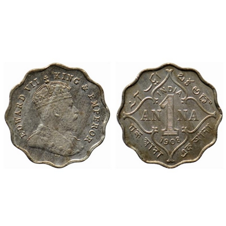 Edward VII, Copper Nickel 1 Anna, 1908, Bombay Mint, B incused below cross pattee of the c
