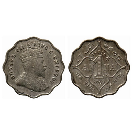 Edward VII, Copper Nickel 1 Anna, 1909, Bombay Mint, B incused below cross pattee of the c