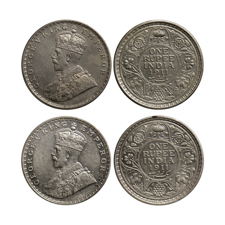 George V, Silver Rupee (2 Coins), 1911, Bombay & Calcutta Mint, Pig Elephant type on the c