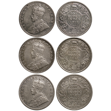 George V, Silver Rupee (3 Coins), 1911/1921/1922, Bombay Mint. GK 1022, 1043, 1044. Extrem