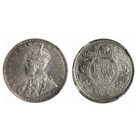 George V, Silver Rupee, 1921, Bombay Mint. GK 1043. NGC Slabbed, MS 63, Rare.
