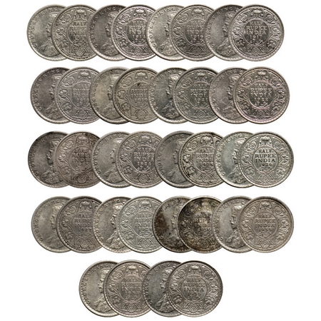 George V, Silver ½ Rupee (18 Coins), 1913, 1914, 1916, 1917, 1918, 1919, 1922, 1924, 1926,