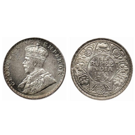 George V, Silver ½ Rupee, 1918, Bombay Mint. GK 1056. Almost Uncirculated, Scarce.