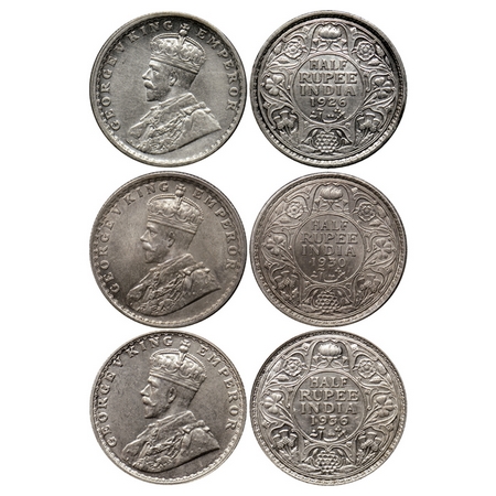 George V, Silver ½ Rupee (3 Coins), 1926 (Cal), 1930 (Cal), 1936 (Bom). GK 1067, 1072, 107