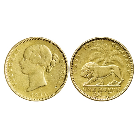 Victoria Queen, Gold Mohur, 1841, Divided legend, W.W. incuse on neck, Mule with Obverse F
