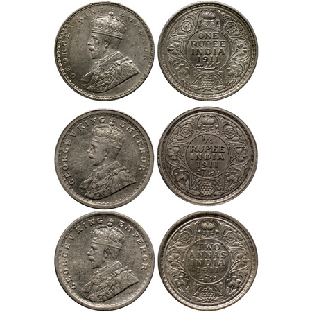 George V, Silver Rupee, ¼ Rupee & 2 Annas (3 Coins), 1911, Calcutta Mint. GK 1021, 1080, 1