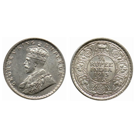 George V, Silver ¼ Rupee, 1913, Calcutta Mint. GK 1083. Extremely Fine+, Scarce.