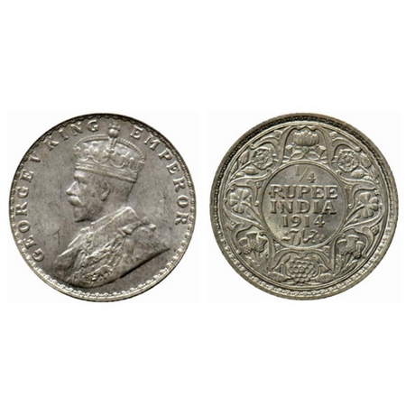 George V, Silver ¼ Rupee, 1914, Bombay Mint. GK 1086. Almost Uncirculated, Scarce.