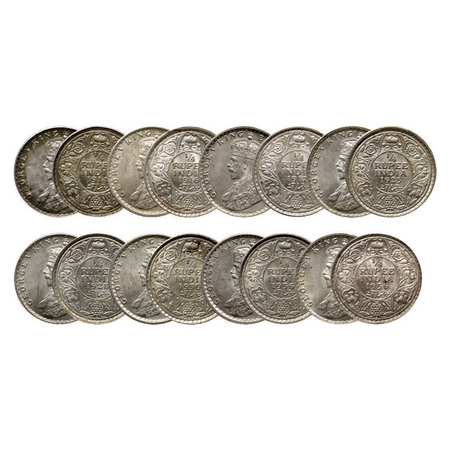 George V, Silver ¼ Rupee (8 Coins), 1914, 1925, 1928, 1936 Bombay Mint, 1916, 1917, 1930, 