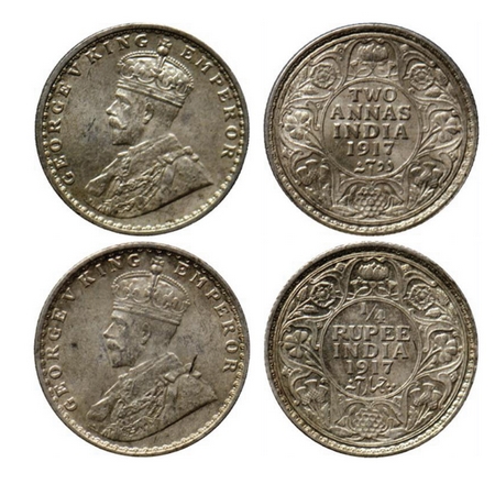George V, Silver ¼ Rupee & 2 Annas, 1917, Calcutta Mint. GK 1090, 1117. Almost Uncirculate