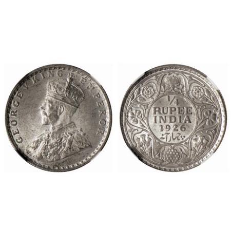 George V, Silver ¼ Rupee, 1926, Calcutta Mint. GK 1094. NGC Slabbed, MS 64, Rare.