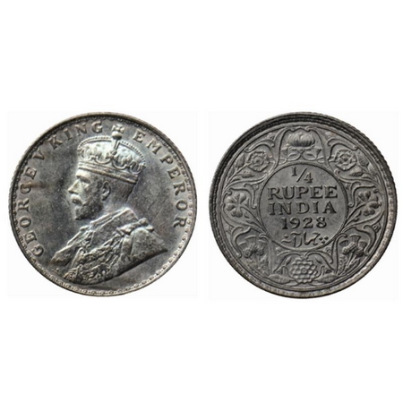 George V, Silver ¼ Rupee, 1928, Bombay Mint. GK 1095. Extremely Fine, rainbow toned, Scarc