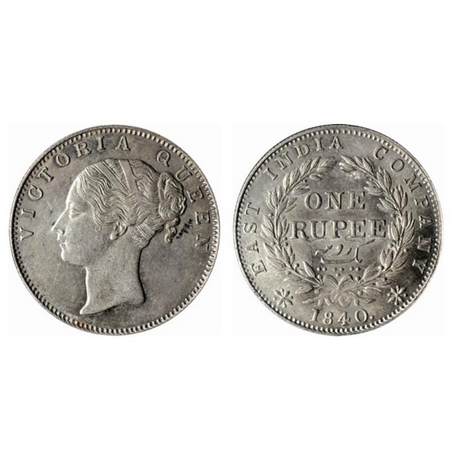 Victoria Queen, Silver Rupee, 1840, Continuous Legend, Calcutta Mint, A/I. GK 80. Extremel