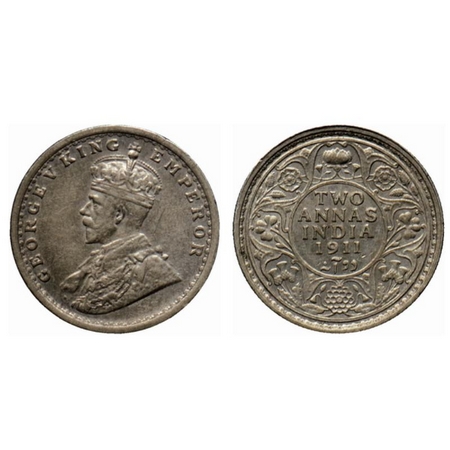 George V, Silver 2 Annas, 1911, Calcutta Mint, GK 1107. Very Fine, Scarce.