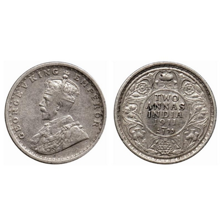 George V, Silver 2 Annas, 1911, Calcutta Mint. GK 1107. About Very Fine, Scarce.