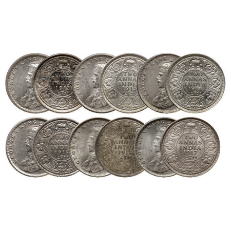 George V, Silver 2 Annas (6 Coins), 1912 Bombay Mint, ghost on obverse and reverse, 1913 B