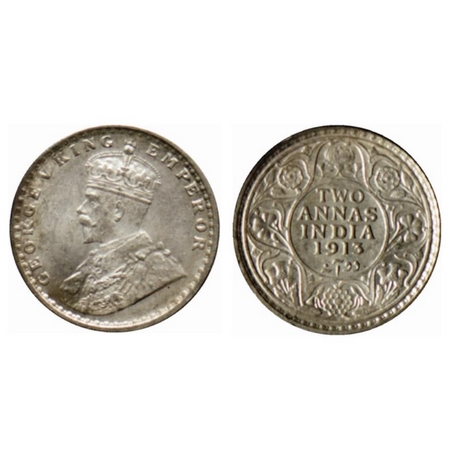 George V, Silver 2 Annas, 1913, Calcutta Mint. GK 1110. Uncirculated. Scarce.