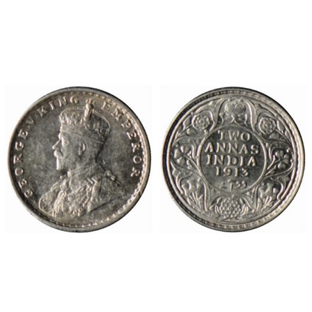 George V, Silver 2 Annas, 1913, Bombay Mint. GK 1111. Uncirculated. Scarce.