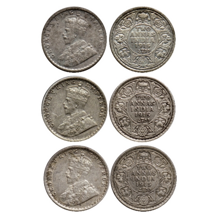 George V, Silver 2 Annas (3 Coins), 1915, Bombay (2)/ Calcutta Mint. GK 1115, 1114. About 