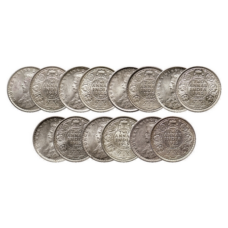 George V, Silver 2 Annas (7 Coins), 1915, Bombay Mint. GK 1115. Uncirculated. Scarce.