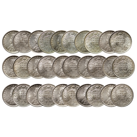 George V, Silver 2 Annas (15 Coins), 1916, Calcutta Mint. GK 1116. Uncirculated. Scarce.