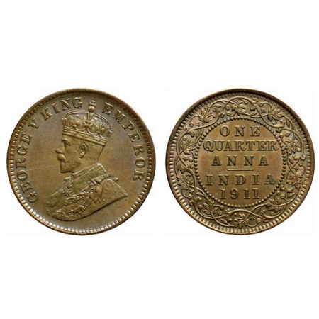George V, Bronze Quarter Anna, 1911, Calcutta Mint, pig type, no dot. GK 1171. Uncirculate