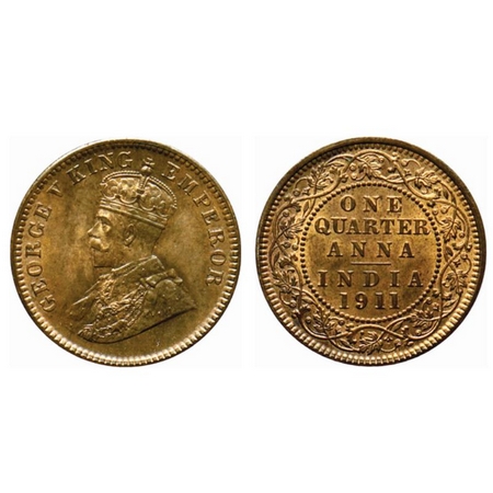 George V, Bronze Quarter Anna, 1911, Calcutta Mint, pig type, no dot. GK 1171. Almost Unci