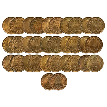 George V, Bronze Quarter Anna (16 Pcs), 1913, 1914, 1917, 1918, 1920, 1929, 1933, 1934, 19