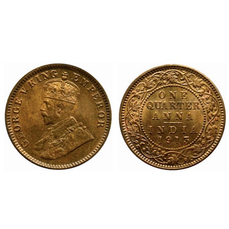 George V, Bronze Quarter Anna, 1913, Calcutta Mint, no dot, ghost on reverse. GK 1173. Unc