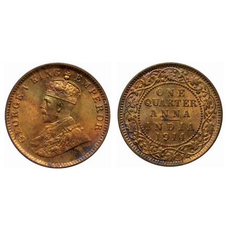 George V, Bronze Quarter Anna, 1914, Calcutta Mint. GK 1174. Rainbow Toned, Uncirculated, 